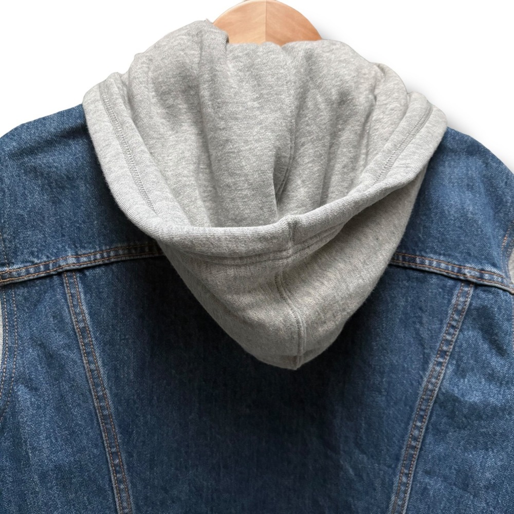 Levis Mens Hybrid Denim Trucker Jacket Grey Hooded Sweatshirt Blue Size M - Picture 7 of 11